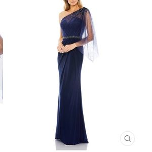 NWOT Mac Duggal drama sleeve mesh one shoulder gown